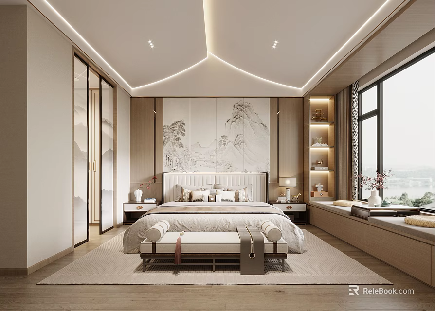 Modern Bedroom Interior Design With Landscape Painting Wall Bed Nightstands And Ambient Lighting 3d model 