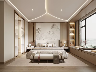 Modern Bedroom Interior Design With Landscape Painting Wall Bed Nightstands And Ambient Lighting 3d model