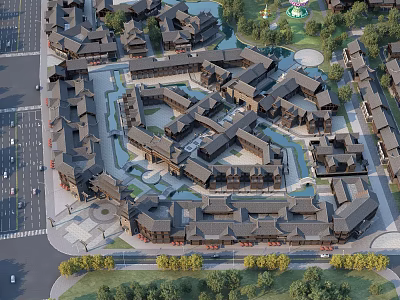 Traditional Commercial Street with Ancient Architecture Water Ponds Greenery and Open Space 3d model