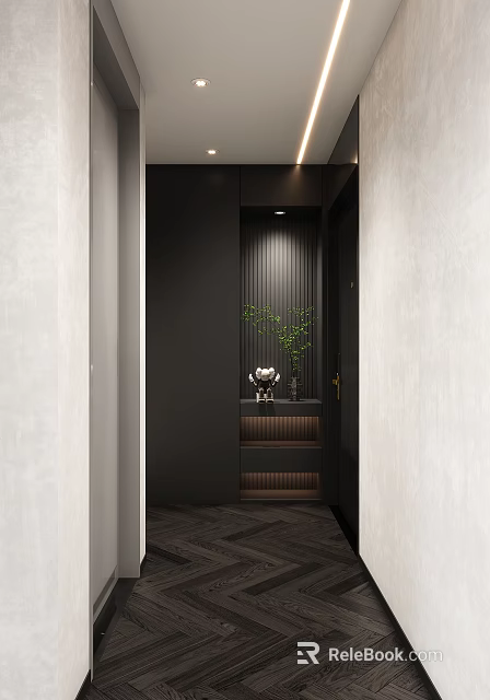 Modern Foyer Hallway Design With Dark Panels Green Plant And Storage 3d model 