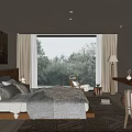 Hotel Room Interior With Cozy Bed Soft Blanket Large Window Tree View And Wooden Desk