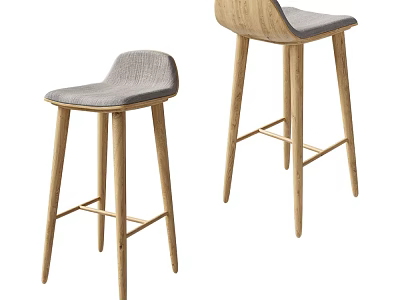 Modern Bar Stools With Wooden Legs Gray Upholstered Seats And Metal Crossbar 3d model