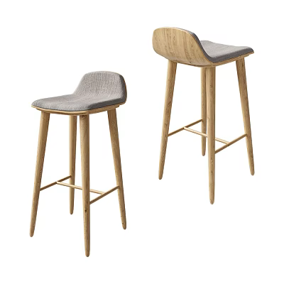 Modern Bar Stools With Wooden Legs Gray Upholstered Seats And Metal Crossbar 3d model