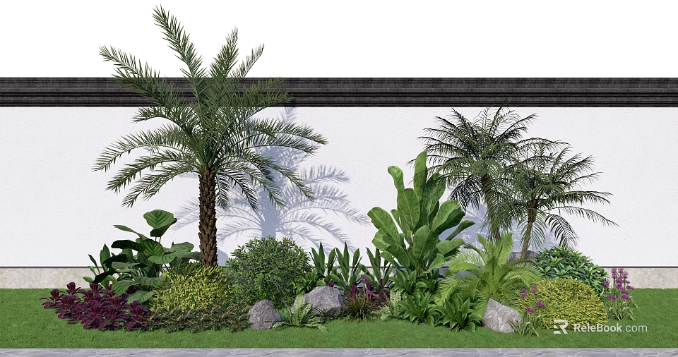 Tropical Garden Landscape with Palm Trees Banana Leaves Green Plants and Stones Against White Wall 3d model 