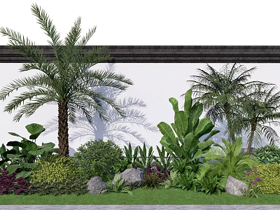 Tropical Garden Landscape with Palm Trees Banana Leaves Green Plants and Stones Against White Wall 3d model
