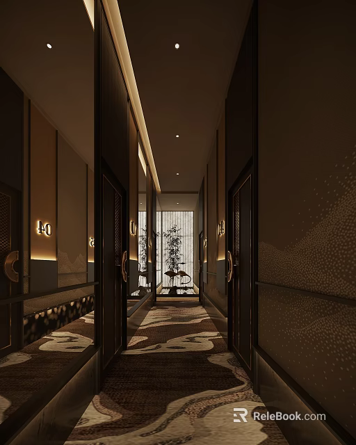 Modern Elevator Hallway Interior With Embedded Lighting Patterned Carpet Decorative Screen And Potted Plant 3d model