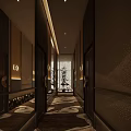Modern Elevator Hallway Interior With Embedded Lighting Patterned Carpet Decorative Screen And Potted Plant 3d model