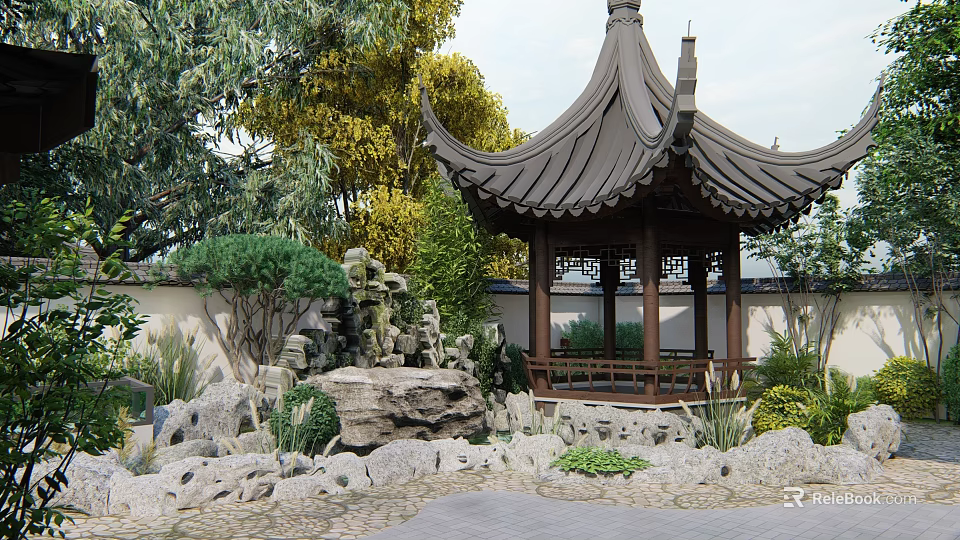 Traditional Chinese Garden Landscape With Pagoda Pavilion Rockery Green Plants And Stone Path 3d model 