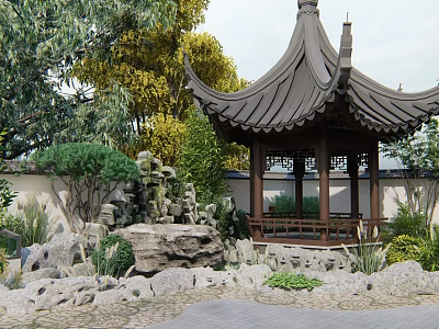 Traditional Chinese Garden Landscape With Pagoda Pavilion Rockery Green Plants And Stone Path 3d model