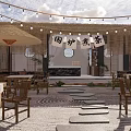 Japanese Style Teahouse With String Lights Thatched Roof Stone Path And Wooden Tables