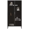 Modern Display Cabinet With Glass Door Metal Frame Books Decorative Sphere And Cone