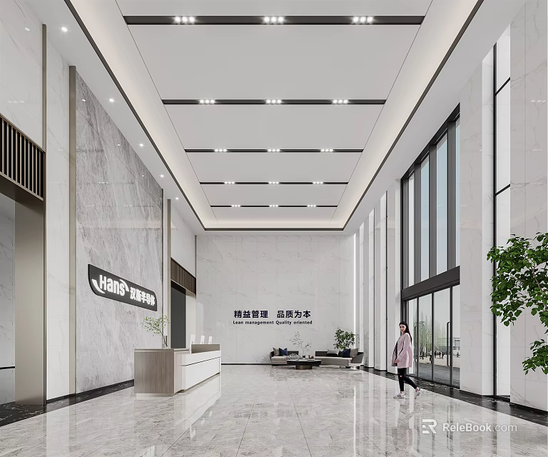 Modern Reception Lobby With Marble Walls Large Windows And Green Plants 3d model 