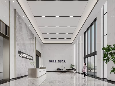 Modern Reception Lobby With Marble Walls Large Windows And Green Plants 3d model