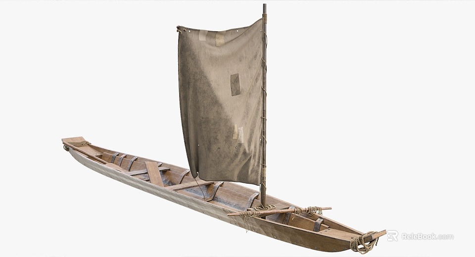 Vintage Wooden Boat With Old Canvas Sail And Traditional Structure Design 3d model 