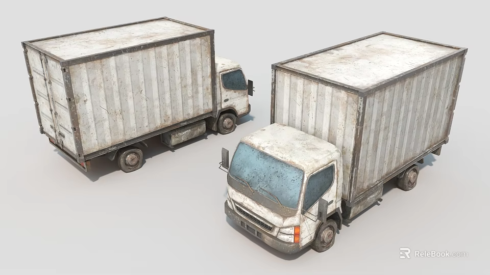 Two White Old Trucks with Worn Container Bodies Showing Weathered Exteriors 3d model 