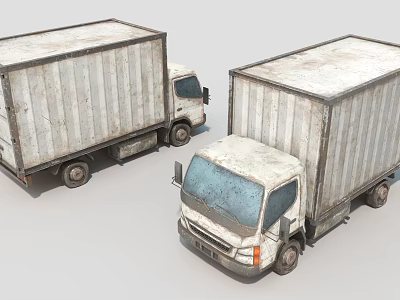 Two White Old Trucks with Worn Container Bodies Showing Weathered Exteriors 3d model