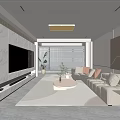 Modern Living Room With White Marble TV Wall Beige Sofa And Large Windows