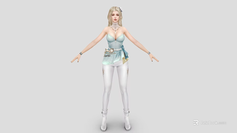 Woman With Blonde Hair In Light Blue Strapless Top White Tight Pants And White Boots 3d model 