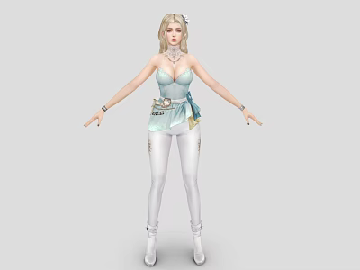 Woman With Blonde Hair In Light Blue Strapless Top White Tight Pants And White Boots 3d model