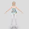 Woman With Blonde Hair In Light Blue Strapless Top White Tight Pants And White Boots