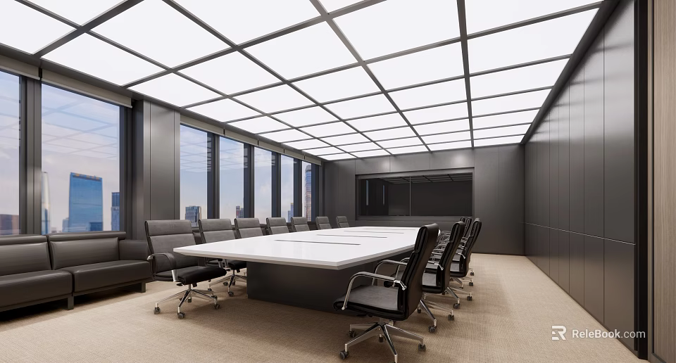 Modern Conference Room With Large Windows City View White Table And Black Chairs 3d model 