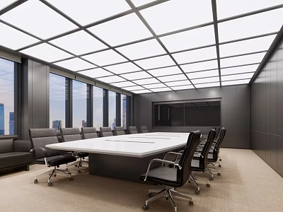 Modern Conference Room With Large Windows City View White Table And Black Chairs 3d model