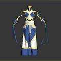 Traditional Blue And White Costume With Gold Accents And Flowing Ribbons Design