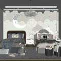 Cozy Kids Bedroom Design With Cloud Wallpaper Twin Beds And Chandelier
