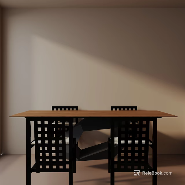 Wooden Dining Table Set Featuring Four Black Lattice Chairs Light Wall And Shadow Effect 3d model 