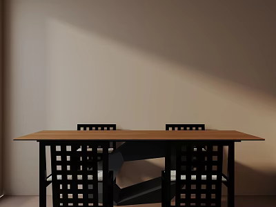 Wooden Dining Table Set Featuring Four Black Lattice Chairs Light Wall And Shadow Effect 3d model