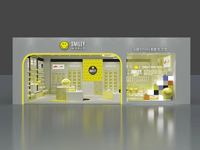 Smiley Brand Yellow Themed Clothing Store With Bright Display Shelves And Smiley Face Logo 3d model