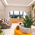 Bright Modern Service Hall Interior With Reception Desk Green Plants And Orange Seats
