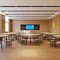 School Spacious Classroom With Wooden Walls Large Windows And Neatly Arranged Tables Chairs