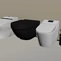 Three Black and White Toilets on Wooden Floor with Lid Trash Can Against Light Wall