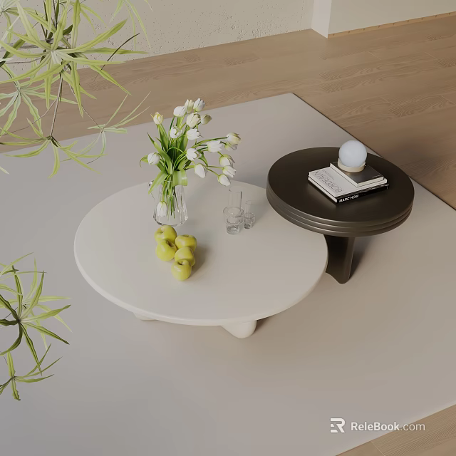 Modern Sofa Coffee Table Set With White Round Table Dark Wooden Accent And Green Plants 3d model 