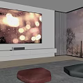 Modern TV Wall Design With Mounted TV White Stand Scenic Window View Rug And Ottomans