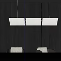 Three Rectangular White Pendant Lights Hanging Above Dark Wooden Dining Table 3d model