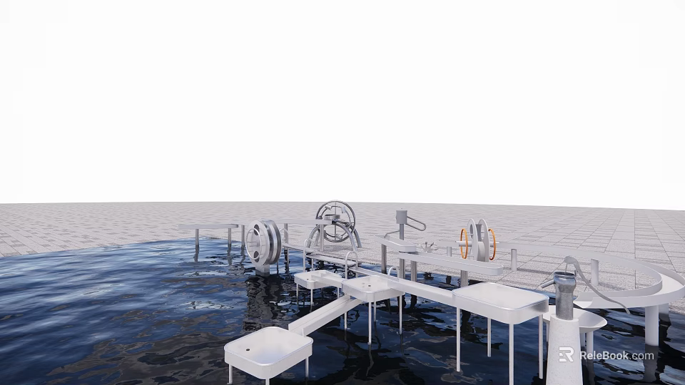 Water Playground Equipment Featuring Platform Structure Wheels and Railings for Children 3d model 