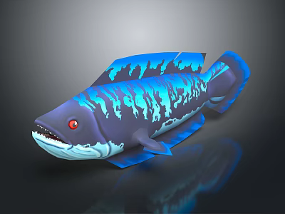 3D Blue Fish With Red Eyes And Blue Textured Patterns On Gray Background 3d model