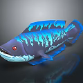 3D Blue Fish With Red Eyes And Blue Textured Patterns On Gray Background