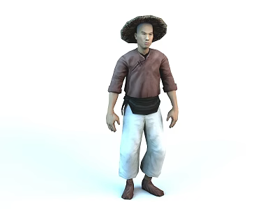 Traditional Asian Farmer Character Wearing Bamboo Hat Brown Shirt White Pants Black Sash 3d model