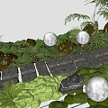 Natural Garden Landscape Design With Stone Pathway Luminous Round Lights Green Plants And Mossy Rocks