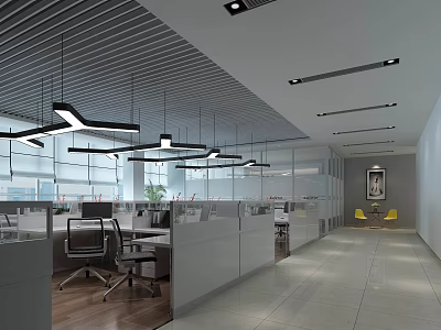 Modern Public Office Space Interior With Cubicles Desks Lighting And Natural Light 3d model