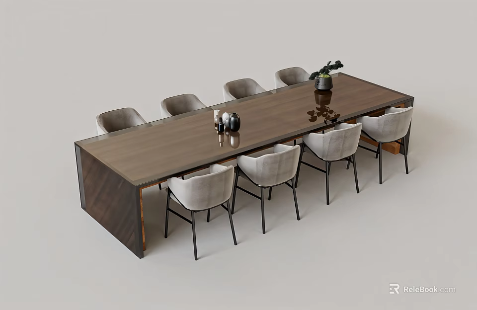 Wooden Dining Table Set With Grey Upholstered Chairs And Decorative Items 3d model 