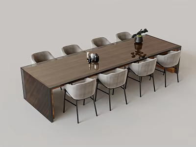 Wooden Dining Table Set With Grey Upholstered Chairs And Decorative Items 3d model