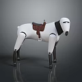A white robotic sheep with black neck and legs carrying brown saddle on back
