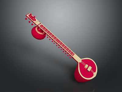 Traditional Red Sitar Instrument With Long Neck Strings Tuning Pegs And Circular Resonators 3d model