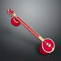 Traditional Red Sitar Instrument With Long Neck Strings Tuning Pegs And Circular Resonators