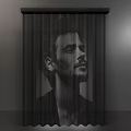 Black Curtain Hanging Decoration With Man's Black And White Portrait In Soft Light
