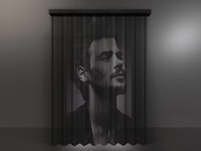 Black Curtain Hanging Decoration With Man's Black And White Portrait In Soft Light 3d model